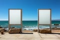 Marine billboard canvas Empty frame set on beach with ocean panorama