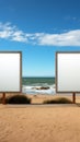 Marine billboard canvas Empty frame set on beach with ocean panorama