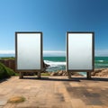 Marine billboard canvas Empty frame set on beach with ocean panorama