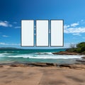 Marine billboard canvas Empty frame set on beach with ocean panorama