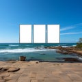 Marine billboard canvas Empty frame set on beach with ocean panorama