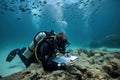 marine biologist, conducting research on the ocean floor, surrounded by schools of fish