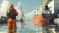 A marine biologist conducts water tests near a busy shipping port monitoring the impact of cargo ships waste disposal on