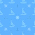 Marine blue seamless pattern, summer sailing background, anchor, boats, wheel object