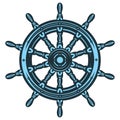Marine blue wooden steering wheel from a ship, consisting of ten spokes. Color vector illustration. Template or element for design