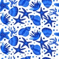 Marine blue seamless pattern. Seashells, shells, starfish, corals. Design of textiles, fabrics, wallpapers, prints