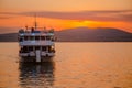 Marine boat against background of mountains at sunset Royalty Free Stock Photo