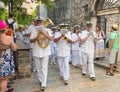 Marine brass band goes through the streets of Budva on holiday of St. Trinity Royalty Free Stock Photo