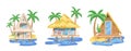 Marine bungalow house buildings placed on sea beach under palm trees cartoon vector illustration