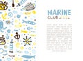 Marine Club Card Template, Poster, Banner, Background with Nautical Seamless Pattern and Text Vector Illustration