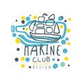 Marine club logo design, summer travel and sport hand drawn colorful vector Illustration