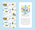 Marine Club Original Design Template, Poster, Banner, Background with Nautical Seamless Pattern and Text Vector