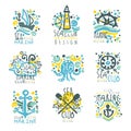 Marine club set for label design. Journey, summer holidays, beach parties, cruises hand drawn colorful vector Royalty Free Stock Photo