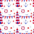 Marine collection. Hand-drawn watercolor seamless pattern , lighthouse, steering wheel, seagulls, ropes, flags and starfish