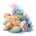 Marine colourfull coral reef watercolor illustration, marine animals clipart