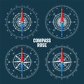 Marine compass, nautical wind rose with cardinal directions of North, East, South, West and degree markings