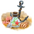 Marine composition. Decorative bottle, anchor, corals, shells on the sand.