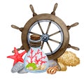 Marine composition. Decorative bottle, steering wheel, corals, shells.