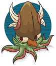 Mutant Creature like a Squid with Horned Helm and Beak, Vector Illustration