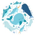 Marine creatures. Vector illustration of whales, dolphins and fish, such as narwhal Royalty Free Stock Photo