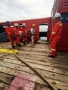 Marine crew training fire drill on board ship Royalty Free Stock Photo