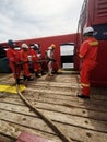 Marine crews conduct fire drill on board ship