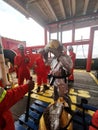 Marine crews conduct fire drill on board ship