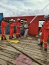 Marine crews conduct fire drill on board ship