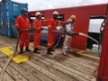 Marine  crews conduct fire drill on board ship Royalty Free Stock Photo