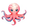 Marine cute octopus on a transparent background. Children\'s.illustration. Watercolor