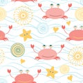 Marine cute seamless pattern with colorful doodle crabs, sea stars