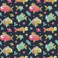 Marine cute seamless pattern with fishes, algae, starfish, coral, seabed, bubble for kids