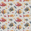 Marine cute seamless pattern with fishes, algae, starfish, coral, seabed, bubble for kids Royalty Free Stock Photo