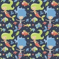 Marine cute seamless pattern with mermaids, fishes, algae, starfish, coral, seabed, bubble Royalty Free Stock Photo