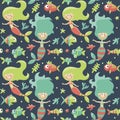 Marine cute seamless pattern with mermaids, fishes, algae, starfish, coral, seabed, bubble Royalty Free Stock Photo