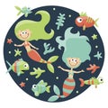 Marine cute set with mermaids, fishes, algae, starfish, coral, seabed, bubble Royalty Free Stock Photo