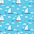 Marine cute vector seamless pattern with one two sails sailboat, clouds, anchor, lifebuoy, gull
