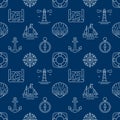 Marine dark blue seamless pattern. Vector background included line icons as anchor, lighthouse, navigation map, shell Royalty Free Stock Photo