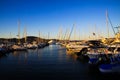 MARINE DE COGOLIN, FRANCE - OCTOBER 3. 2019: View on sail ships in mediterranean Harbour during sunset Royalty Free Stock Photo