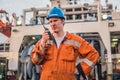 Marine Deck Officer or Chief mate on deck of ship with VHF radio Royalty Free Stock Photo