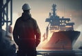 Marine Deck Officer or Chief mate on deck of offshore vessel or ship , wearing PPE personal protective equipment - Royalty Free Stock Photo