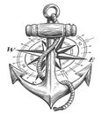 Compass, Rose of Wind and Anchor with rope in vintage engraving style. Marine emblem vector illustration Royalty Free Stock Photo