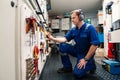 Marine engineer officer in engine control room ECR. He works in workshop