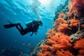 Marine exploration Diver swimming among fish and red coral reef