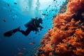 Marine exploration Diver swimming among fish and red coral reef