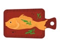 Marine fish lying on kitchen wooden board, ocean foodstuff minnow, cooking sea edible flat vector illustration, isolated