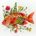 Marine fish moray made of wildflowers on white background. Colorful illustration of a marine fish in an original floral style with