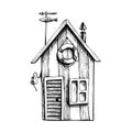 Marine, a fisherman's little house. Isolated object drawn by hand in graphic technique. Vector illustration for Royalty Free Stock Photo