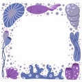 Marine frame with hand drawn ocean elements, copy space. Square border of cartoon sea plant, fish, shell. Flat vector illustration