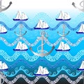 Marine greek vector seamless pattern. Light blue nautical background. Abstract sea waves, anchors with rope, sailboat, greek